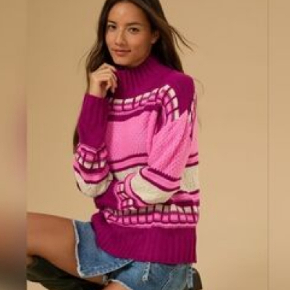 New Women's Intarsia Valentines Day Cable Knit Mock Neck Pattern Soft Sweater M